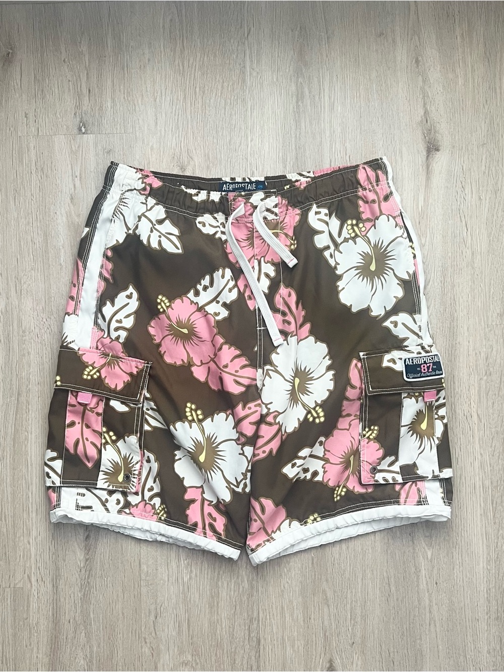 Aeropostale Y2K Swim Trunks Mens Large Brown Pink Floral Hawaiian Board Shorts